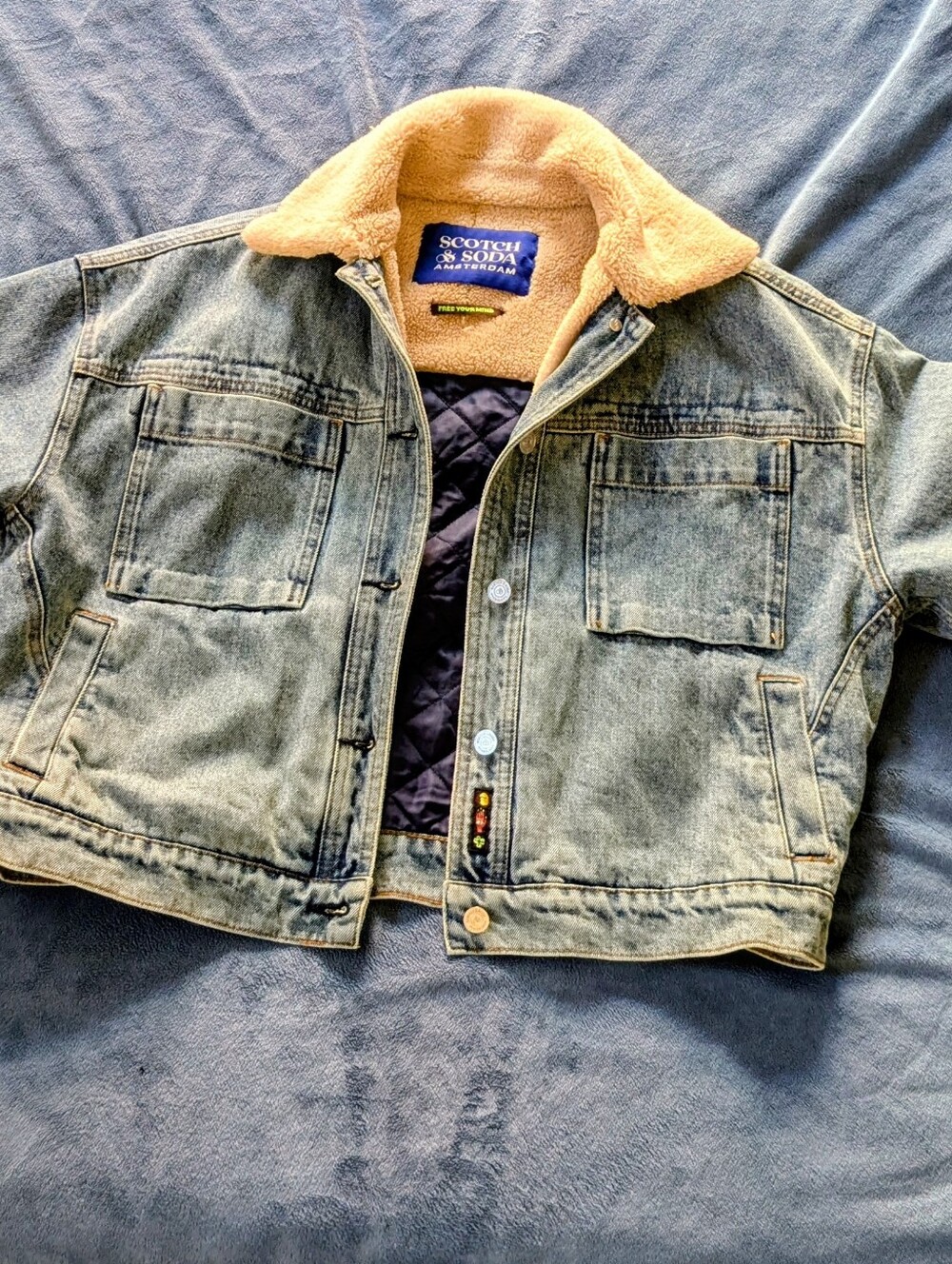 Scotch & Soda Light Blue Denim Bomber Jacket with Cream Sherpa Collar